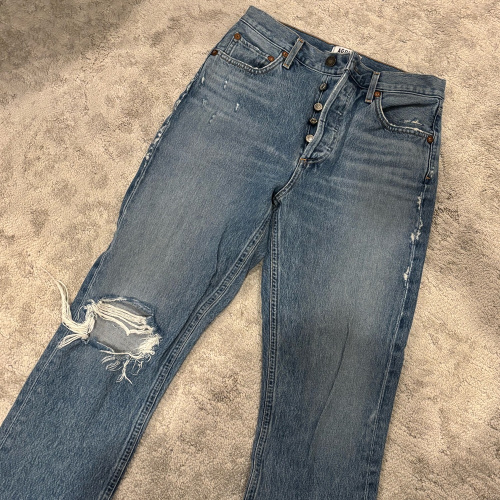 Agolde Light Blue Distressed Straight Riley Jeans